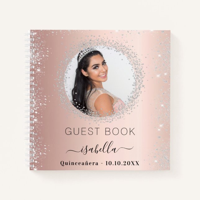 Gästebuch Quinceanera Rose Gold Silber Foto Notizbuch (Vorderseite)