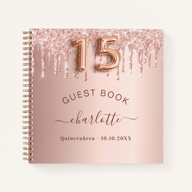 Gästebuch Quinceanera Rose Gold Tropfen Notizbuch (Vorderseite)