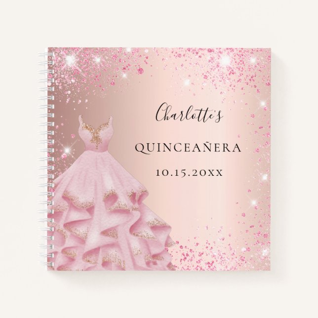 Gästebuch Quinceanera Rose Rosa Glitzer Kleid Notizbuch (Vorderseite)