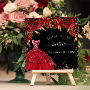 Gästebuch Quinceanera Rotes Schwarzes Kleid Glitze Notizbuch