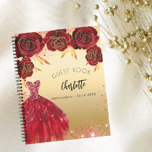 Gästebuch Quinceanera Rotgold Glitzer Kleid Notizbuch