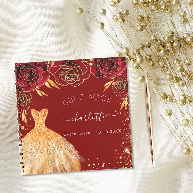 Gästebuch Quinceanera Rotgold Glitzer Kleid Notizbuch (Von Creator hochgeladen)