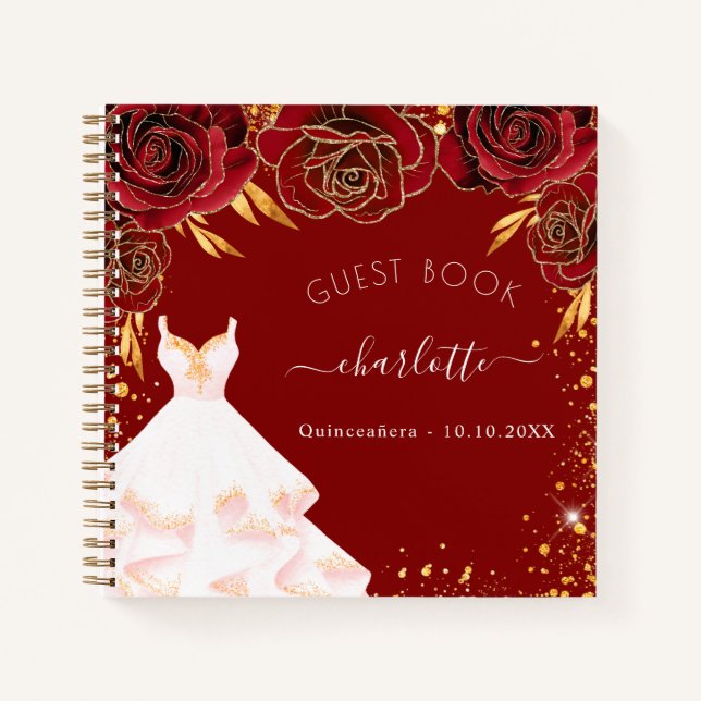 Gästebuch Quinceanera Rotgold weißes Kleid Notizbuch (Vorderseite)