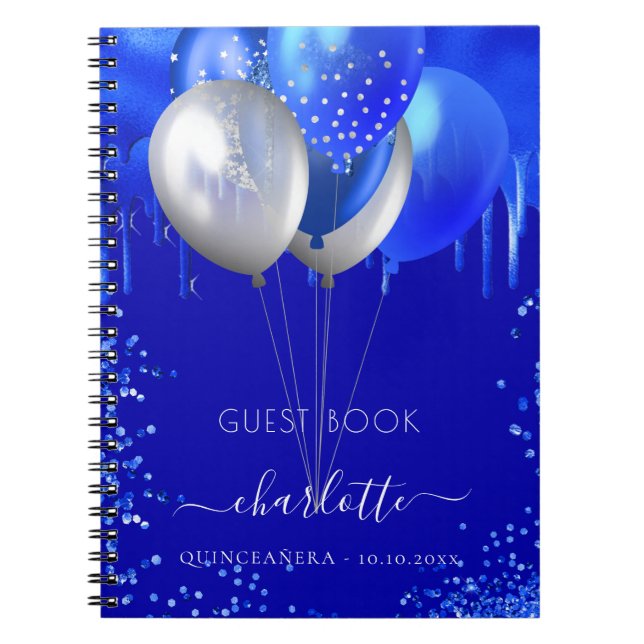 Gästebuch Quinceanera Royal Blue Tropfens Ballons Notizblock (Vorderseite)