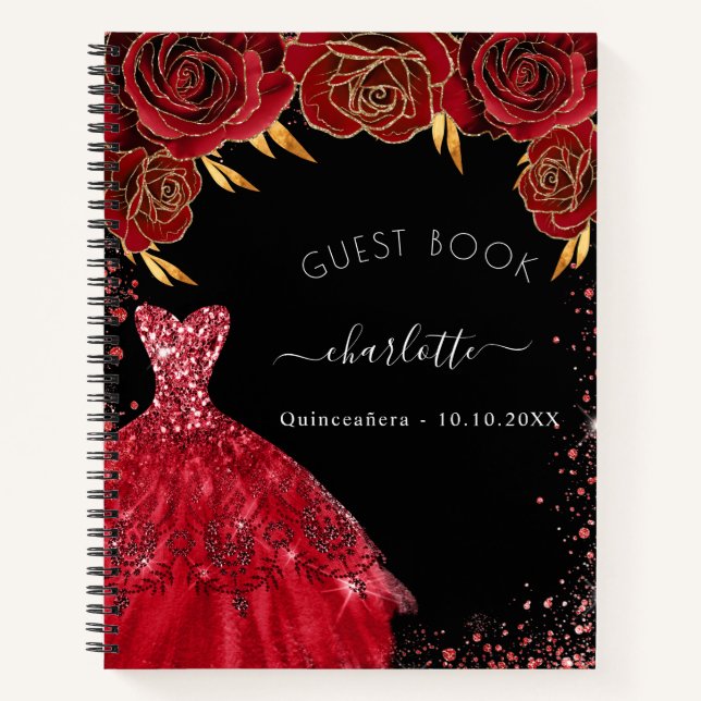 Gästebuch Quinceanera Schwarz Glitzer Kleid Notizbuch (Vorderseite)