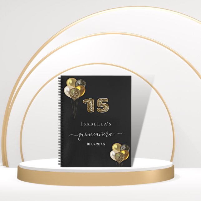 Gästebuch Quinceanera schwarze Goldleoparden Ballo Notizbuch (Von Creator hochgeladen)