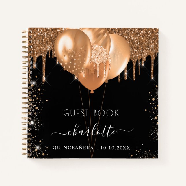 Gästebuch Quinceanera Schwarzer Glitzer Ballons Notizbuch (Vorderseite)
