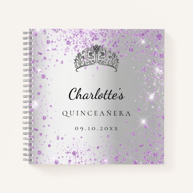 Gästebuch Quinceañera silber lila Glitzer tiara Notizbuch (Vorderseite)