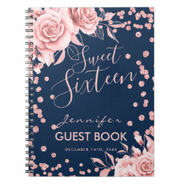 Gästebuch Rose Gold Navy Sweet 16 Glitzer Floral Notizblock