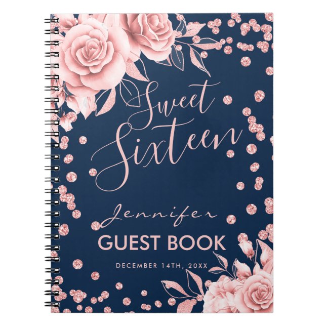 Gästebuch Rose Gold Navy Sweet 16 Glitzer Floral Notizblock (Vorderseite)
