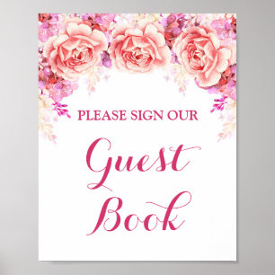Gästebuch-Schild Weiße rosa Wasserfarben Blumen Poster