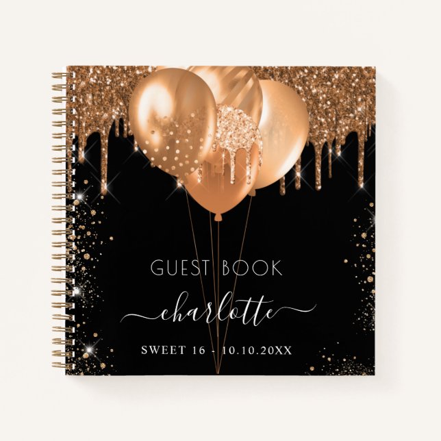 Gästebuch Sweet 16 Black Gold Glitzer Name Notizbuch (Vorderseite)