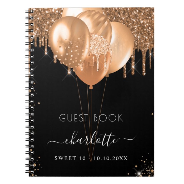 Gästebuch Sweet 16 Black Gold Glitzer Name Party Notizblock (Vorderseite)
