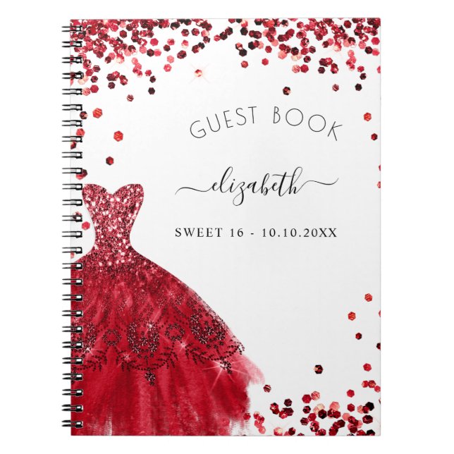 Gästebuch Sweet 16 Black Red Dress Glitzer Notizblock (Vorderseite)