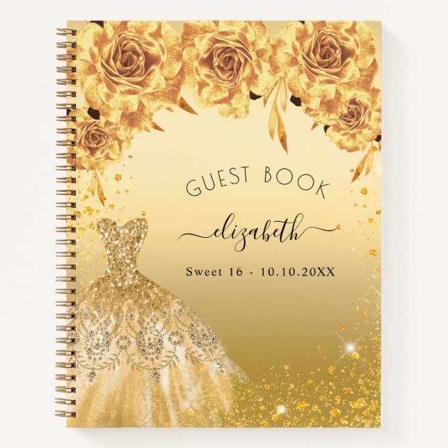 Gästebuch Sweet 16 Gold Glitzer Kleid Notizbuch (Vorderseite)