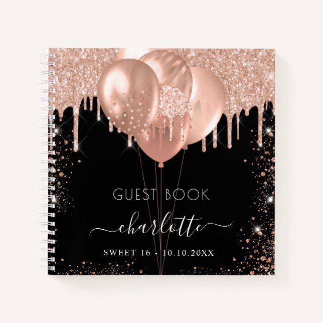 Gästebuch Sweet 16 Goldballons aus schwarzer Rose Notizbuch (Vorderseite)