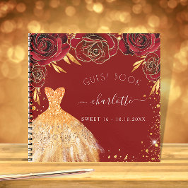 Gästebuch Sweet 16 Red gold Glitzer Kleid Notizbuch