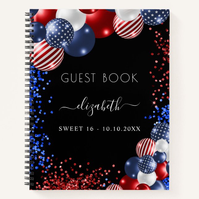 Gästebuch Sweet 16 Red white blue patriotic USA Notizbuch (Vorderseite)