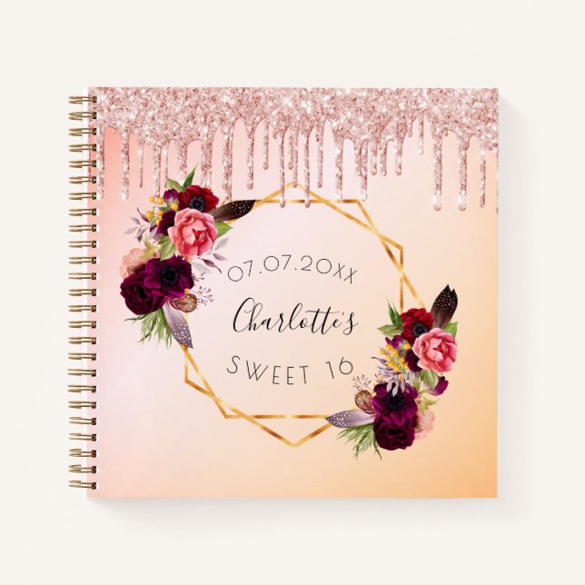 Gästebuch Sweet 16 Rose Gold Tropfen Blume Notizbuch (Vorderseite)