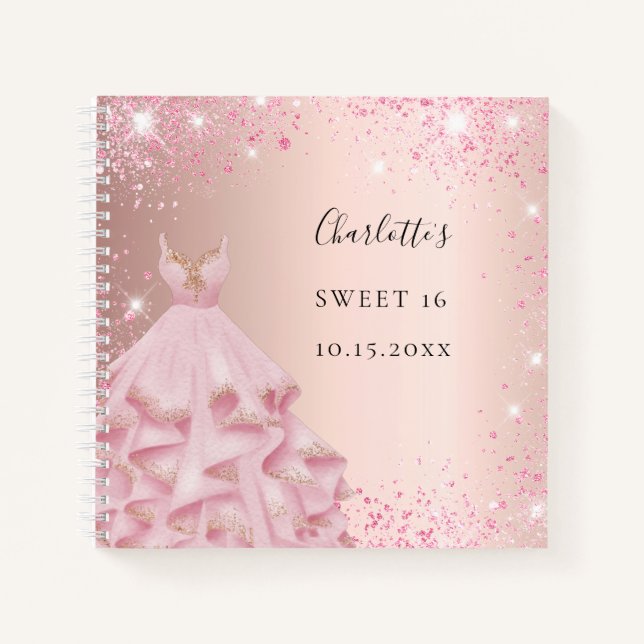 Gästebuch Sweet 16 Rose Schwarz Glitzer Kleid Notizbuch (Vorderseite)