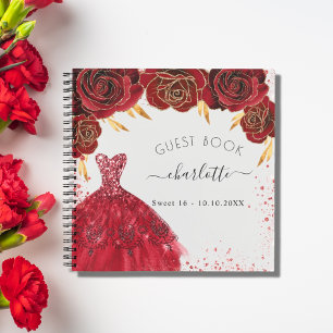 Gästebuch Sweet 16 rot weiß glitzern Kleid Notizbuch