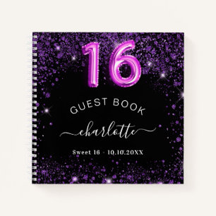 Gästebuch Sweet 16 Schwarz lila Glitzer Name Notizbuch