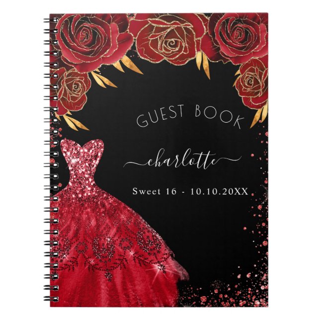 Gästebuch Sweet 16 Schwarz Rot Glitzer Kleid Notizblock (Vorderseite)