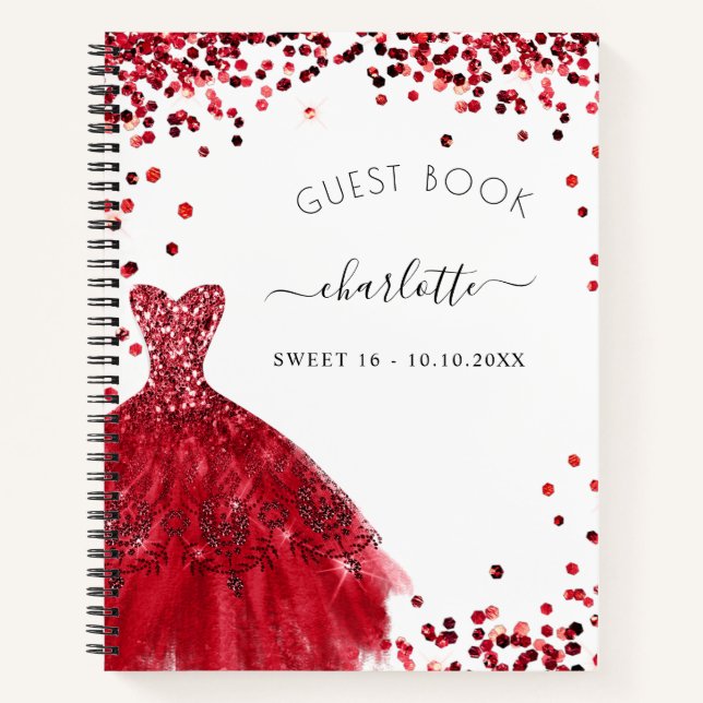 Gästebuch Sweet 16 Schwarz Rot Glitzer Kleid Notizbuch (Vorderseite)