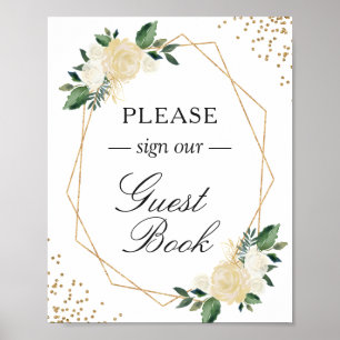 Gästebuch-Unterzeichnungs-Grün-Gold-Glitter-Blumen Poster