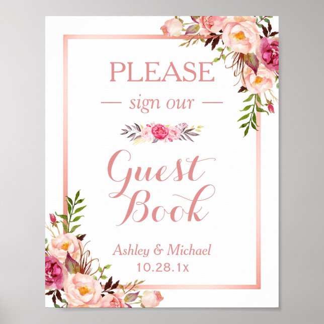 Gästebuch Wedding Sign | Trendy Rose Gold Floral (Vorne)