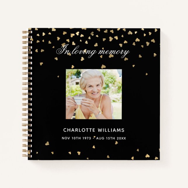 Gästebuchdenkmal Beerdigung schwarze goldene Herze Notizbuch (Vorderseite)