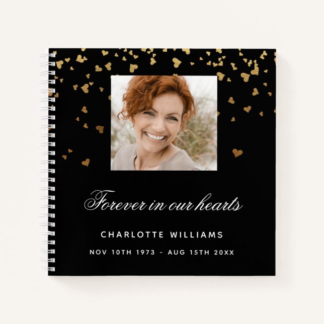 Gästebuchdenkmal Foto Schwarze Goldherzen Notizbuch (Vorderseite)
