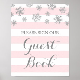 Gästebuchsignatur Silver Snow Pink Stripes Poster
