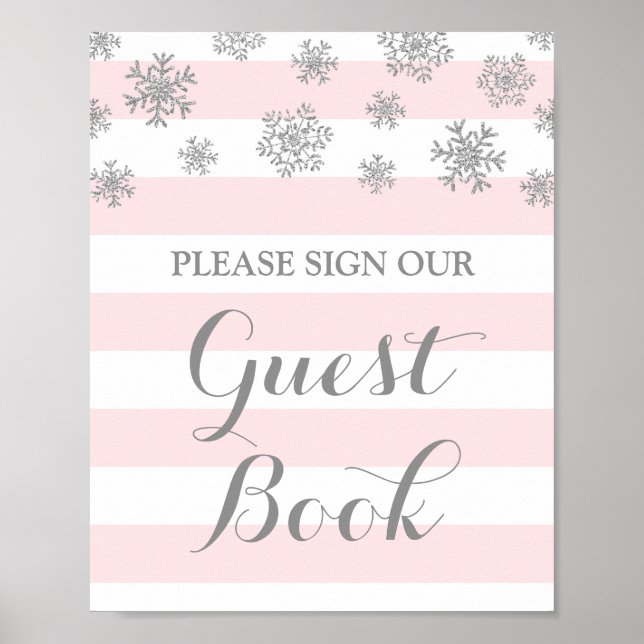 Gästebuchsignatur Silver Snow Pink Stripes Poster (Vorne)