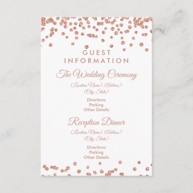 Gästeinformation Rose Gold Glitzer Confetti White Begleitkarte (Vorderseite)