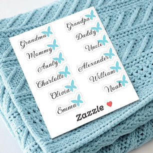 Gästeliste 12 Names Calligraphy Blue Butterfly Aufkleber