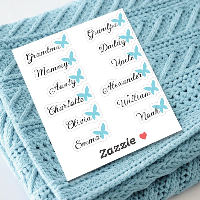 Gästeliste 12 Names Calligraphy Blue Butterfly Aufkleber (Von Creator hochgeladen)