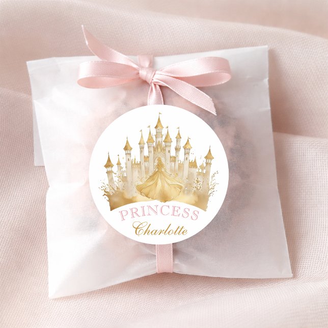 Gastgeschenk-Aufkleber für Princess Crown - Rosa u Runder Aufkleber (Princess Birthday Favor Sticker)