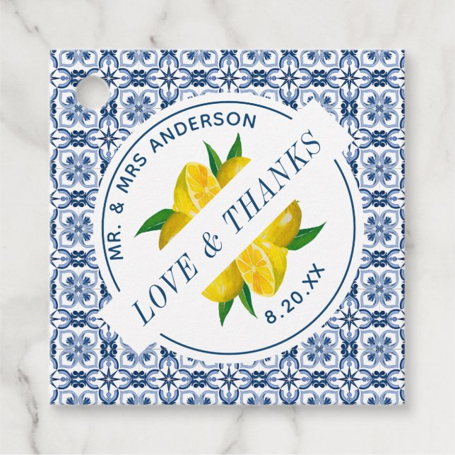 Gastgeschenk Hochzeit Blue Tile Lemon Geschenkanhänger (Vorderseite)