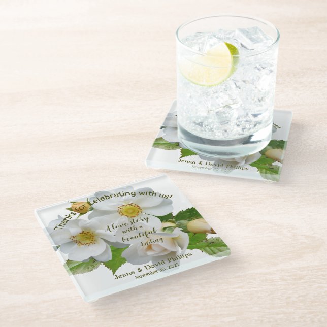 Gastgeschenk Hochzeit Elegante Rose Vollblut Glasuntersetzer (Schrägansicht)