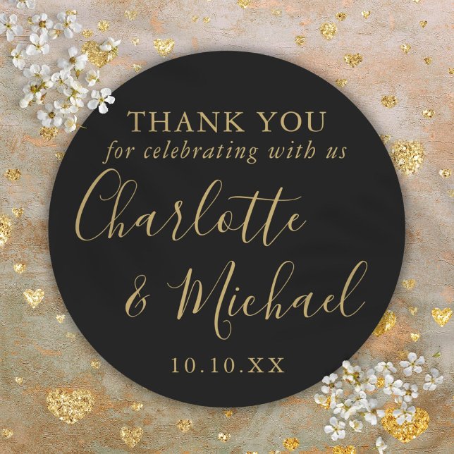 Gastgeschenk Hochzeit für Schwarz-Gold-Signatur Runder Aufkleber (Black And Gold Signature Wedding Favor Thank You Classic Round Sticker)