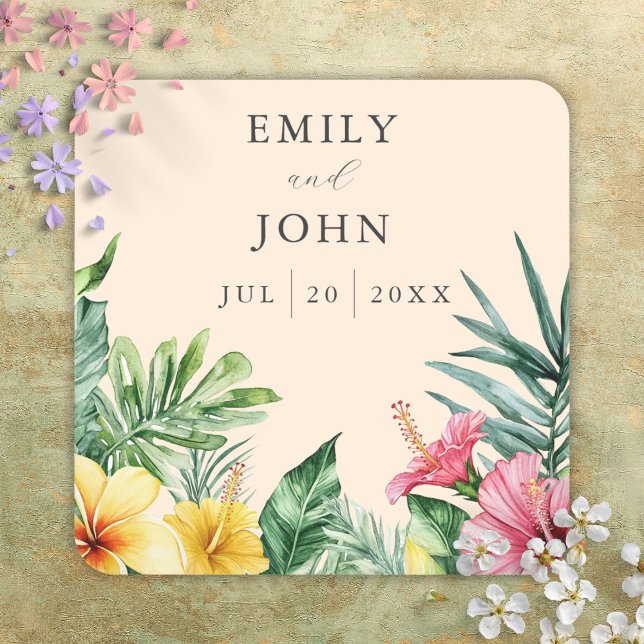 Gastgeschenk Hochzeit für tropische Blume Peach Wa Quadratischer Aufkleber (Peach Watercolor Tropical Flowers Wedding Favor Square Sticker)