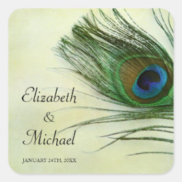 Gastgeschenk Hochzeit für Vintage Pfauenfederhalte Quadratischer Aufkleber