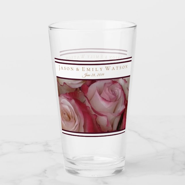 Gastgeschenk Hochzeit Glas Weißrosa Rose Weinakzen (Vorderseite)