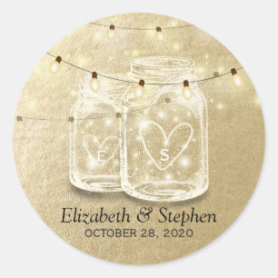 Gastgeschenk Hochzeit Mason Jar String Lights Gold Runder Aufkleber
