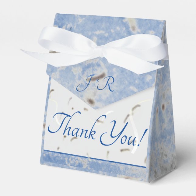 Gastgeschenk Hochzeit mit blauer und graumarmorier Geschenkschachtel (Vorderseite)