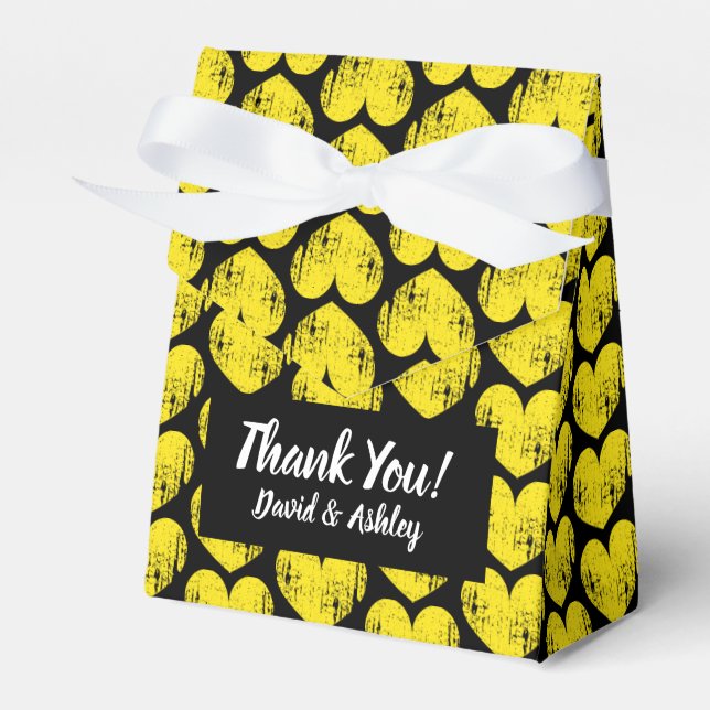 Gastgeschenk Hochzeit mit schwarz-gelben Herzmuste Geschenkschachtel (Vorderseite)