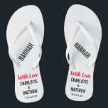 Gastgeschenk Hochzeit Moderne Typografie Flip Flops<br><div class="desc">Diese modernen Typografie Flip Flops sind ein Spaß danken Ihnen für alle Paare, die ihre Hochzeit im Sommer oder eine Hochzeit in Urlaubsort am Strand! Personalisieren Sie die Namen der Braut und des Bräutigams, das Hochzeitsdatum und den Namen Ihrer Brautjungfrau, Ihres Trauzeugen oder Ihres geehrten Gastes. Sie können die Meldung...</div>