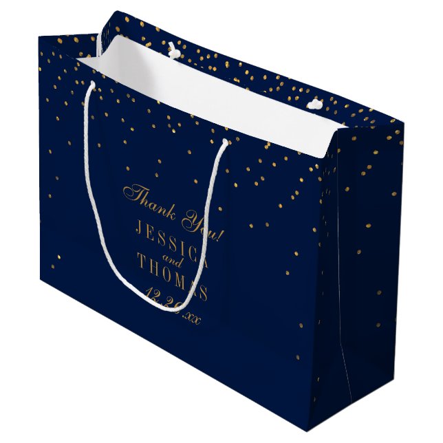 Gastgeschenk Hochzeit Navy Blue & Glam Gold Confet Große Geschenktüte (Vorderseite Schrägansicht)