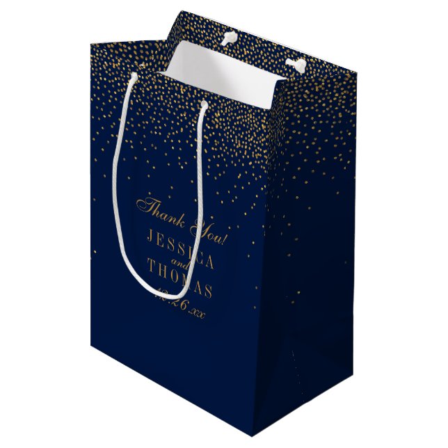 Gastgeschenk Hochzeit Navy Blue & Glam Gold Confet Mittlere Geschenktüte (Vorderseite Schrägansicht)